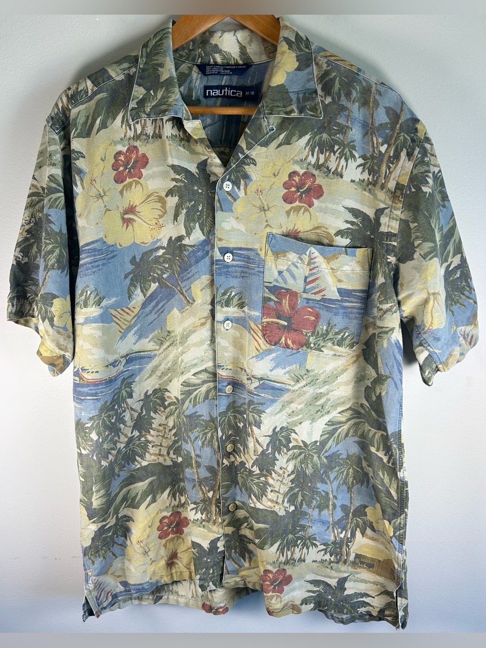 Nautica Men’s Hawaiian Camp Shirt Sz M Fits Big Linen Rayon Loop Collar Vintage